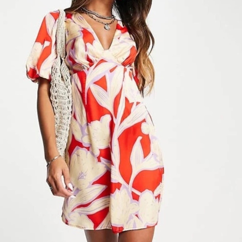 TOPSHOP Womens Babydoll Floral Mini Dress Sz 8 Puff Sleeve Cutout Boho‎ Resort